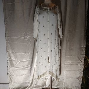 Vintage White Mirrored Zardozi Gossamer Gauze 3/4 Sleeve Hi Low Maxi Dress. No b